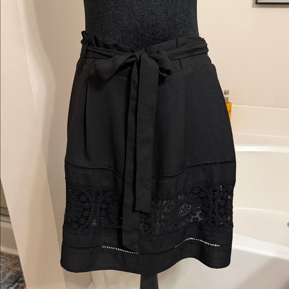 miami Black A-Line Skirt with Lace Panel and Tie Waist